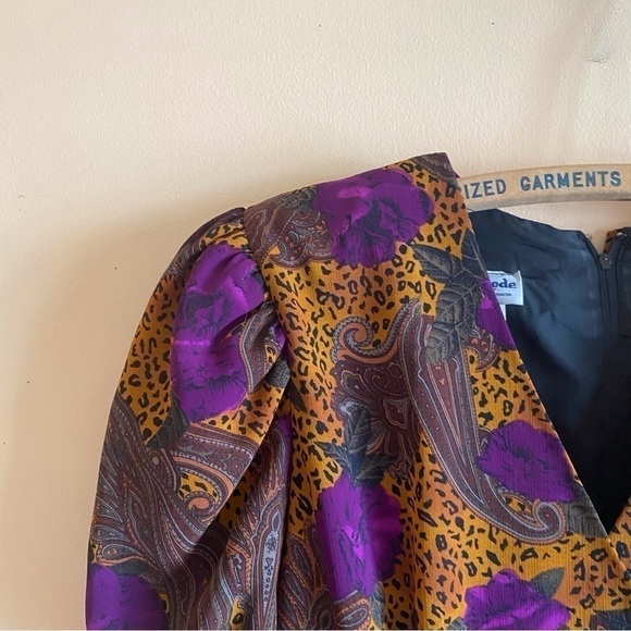 Vintage 80s Nu Mode V Neck Faux Wrap Back Zip Animal Print Shoulder Pads Size L - Picture 5 of 13